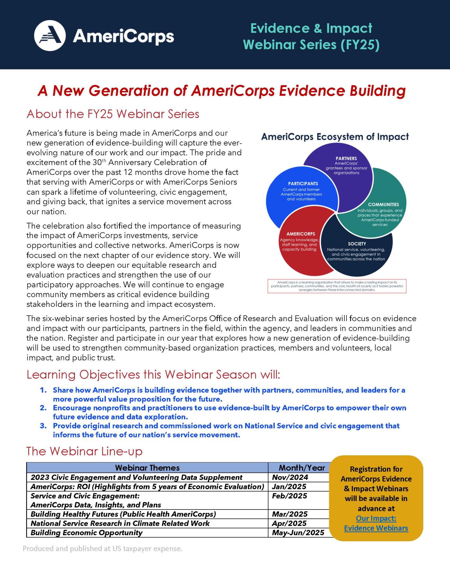 Description of the fiscal year 2025 evidence and impact webinar series. Theme is A New Generation of AmeriCorps Evidence Building