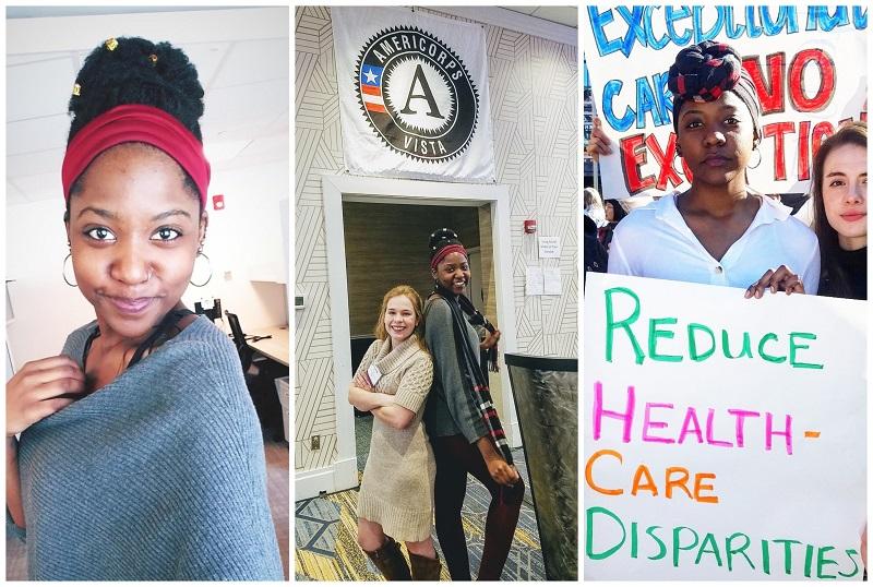 collage: Luwi smiling, Luwi with fellow VISTA member, Luwi with sign that says "reduce health care disparities"